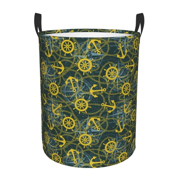 Honeii Marine Anchors And Compass Print Laundry Hamper Basket,Baby Nursery Woven Storage Basket for Toys Bin,Pillows,Blankets,Clothes-Medium