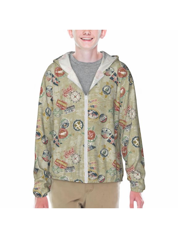 Marine Sailing Badges Print Sun Protection Jacket Hooded Cooling Shirt with Pockets Hiking Outdoor Performance-Large