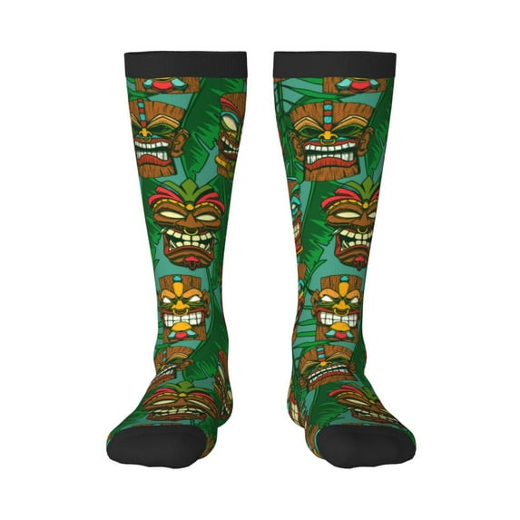 Honeii Mask And Palm Leaves Print Long Socks,Novelty Design Socks Gift for Men and Women,Crew Socks,Calf Socks