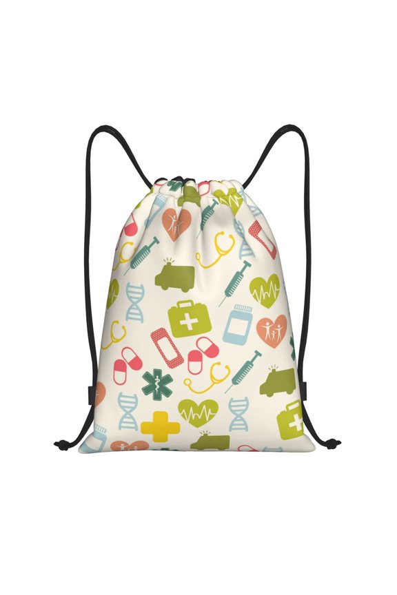 Medical Icons Print Drawstring Backpack,Drawstring Bags String Backpack Gym Cinch Sack Backpack Sport Bag Draw-Small