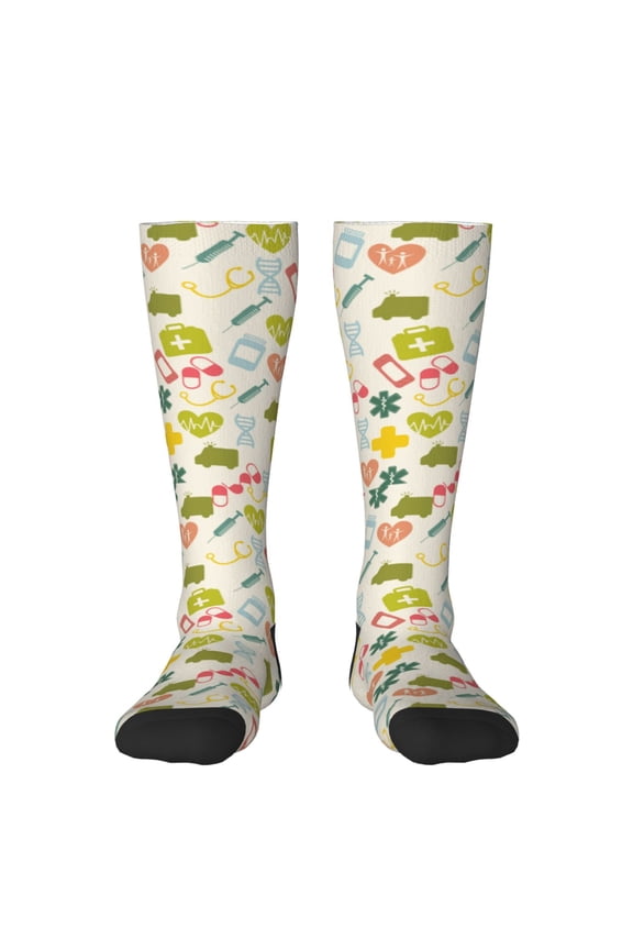 Medical Icons Print Long Socks,Novelty Design Socks Gift for Men and Women,Crew Socks,Calf Socks