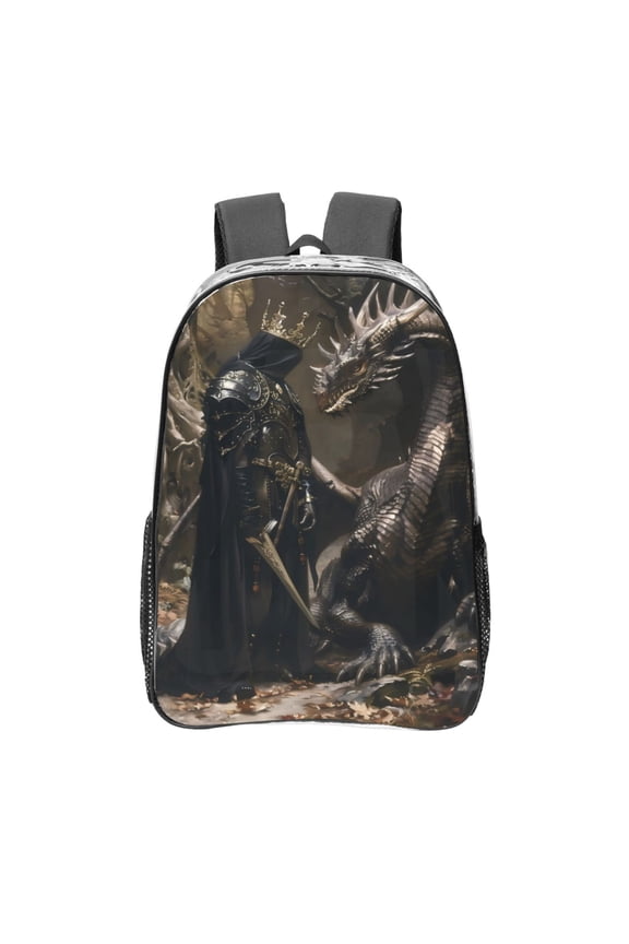 Medieval Knight And Dragon Print Clear Backpack Heavy Duty Transparent Bag 17" See Through BookBag for Women Men Adults Work Festival Sports Travel