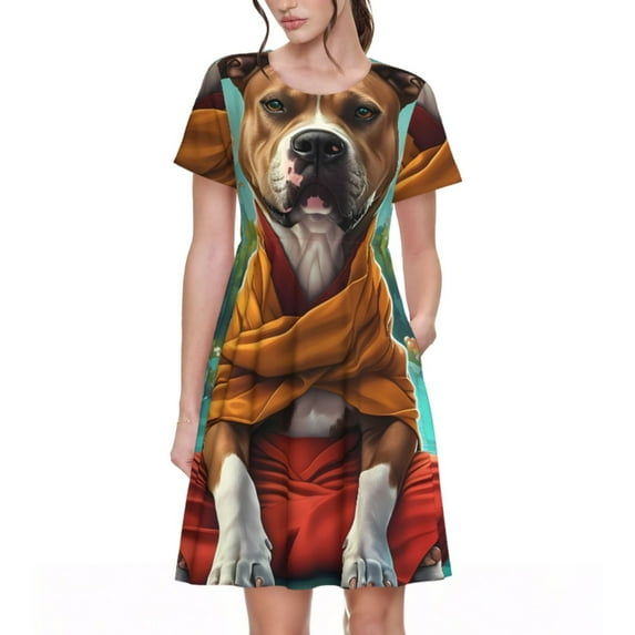 Honeii Meditating French Bulldog Print Women’s Short Sleeve Dress, Comfortable Casual Dress, Soft Polyester Spandex Blend, Stylish Everyday Wear for Summer, Perfect for Travel and Vacation