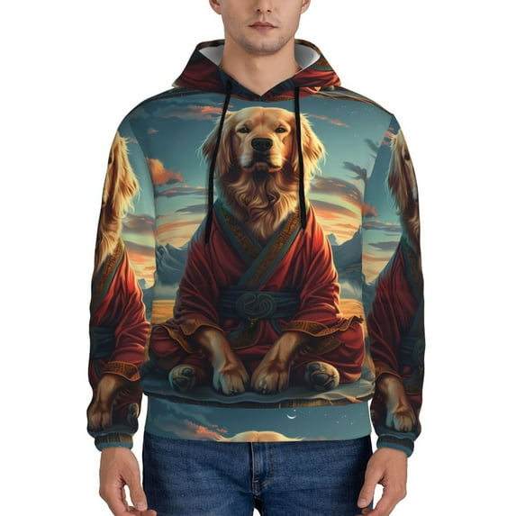 Honeii Meditating Golden Retriever Pattern Mens Hoodies Men's Loose Sleeve Sweatshirt,Pullover Hooded Sweatshirt for Men,Essentials Hoodie-3X-Large