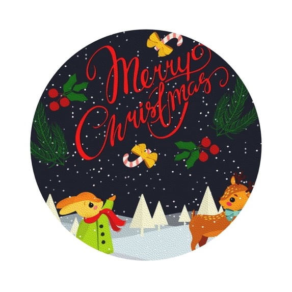 Honeii Merry Christmas Elk Print Leather Coaster Set of 6, Ideal for Safeguarding Your Furniture from Drinks Spills and Effortless Cleanup,Round Shape