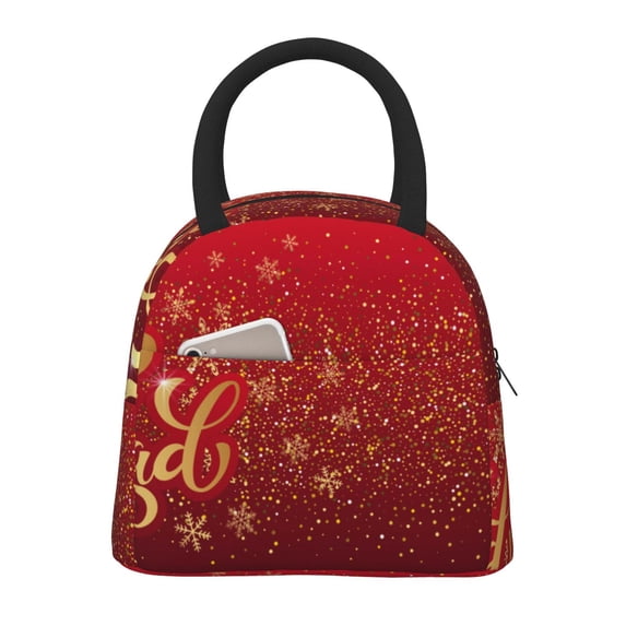 Honeii Merry Christmas Print Insulated Lunch Bag Women Reusable Lunch Box with Pocket for Work Picnic Travel -One Size