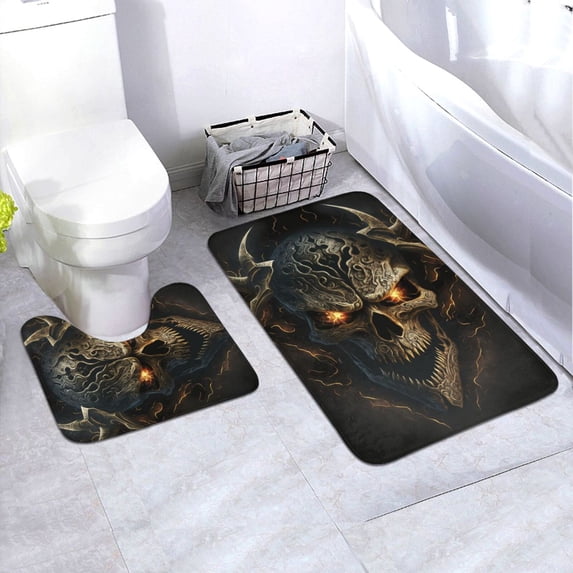 Honeii Metal Evil Skull Pattern Bathroom Anti-Skid Pad Bathroom Mat Vintage Seamless Pattern Not-Slip Toilet Rug Set