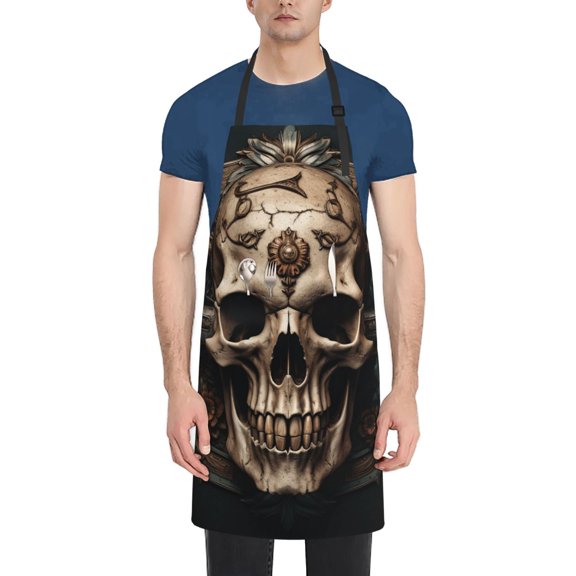 Honeii Metal Style Horned Skull Print Waterproof Apron, Adjustable Kitchen Apron with Pockets,for Gardening, Dishwashing, Meat Processing, Car Washing, and Pet Grooming