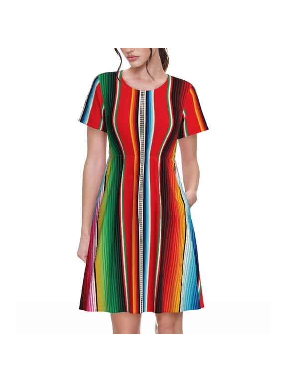 Mexican Serape Blanket Stripes Print Women’s Short Sleeve Dress, Comfortable Casual Dress, Soft Polyester Spandex Blend, Stylish Everyday Wear for Summer, Perfect for Travel and Vacation