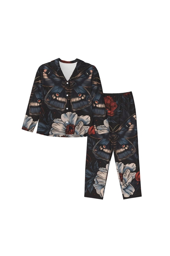 Midnight Butterfly Floral Dream Print Women's Pajama Sets Long Sleeve Button Down Sleepwear Nightwear Soft Pjs Lounge Sets 2PCS-Small