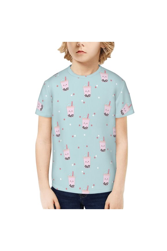 Milk Tea Print Kids Boy T-Shirt,Breathable Round Neck Tee,Stylish Summer Tee for Boys, for Outdoor Activities and Casual Wear