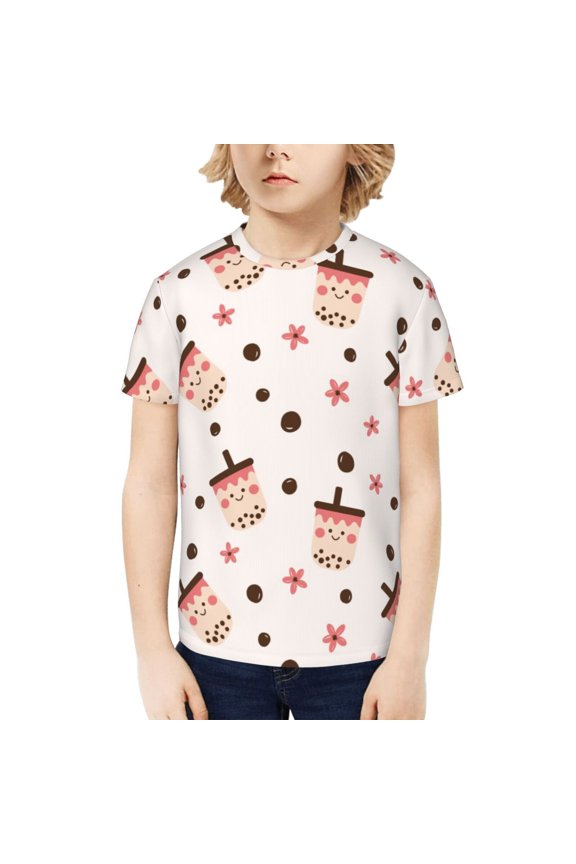 Milk Tea Print Kids Boy T-Shirt,Breathable Round Neck Tee,Stylish Summer Tee for Boys, for Outdoor Activities and Casual Wear