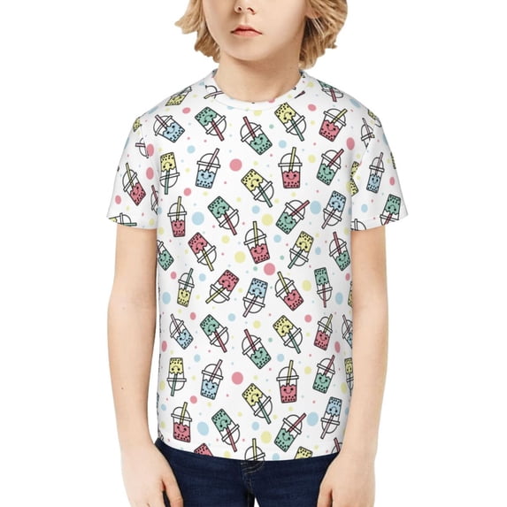 Honeii Milk Tea Print Kids Boy T-Shirt,Breathable Round Neck Tee,Stylish Summer Tee for Boys, for Outdoor Activities and Casual Wear