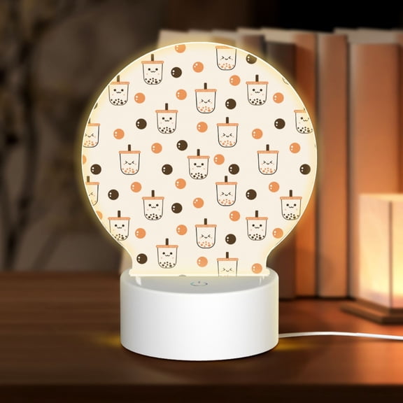 Honeii Milk Tea7 Print Acrylic LED Night Lamp,Round Touch-Control Night Light with 3 Lighting Modes,for Bedrooms, Living Rooms, and Gifting