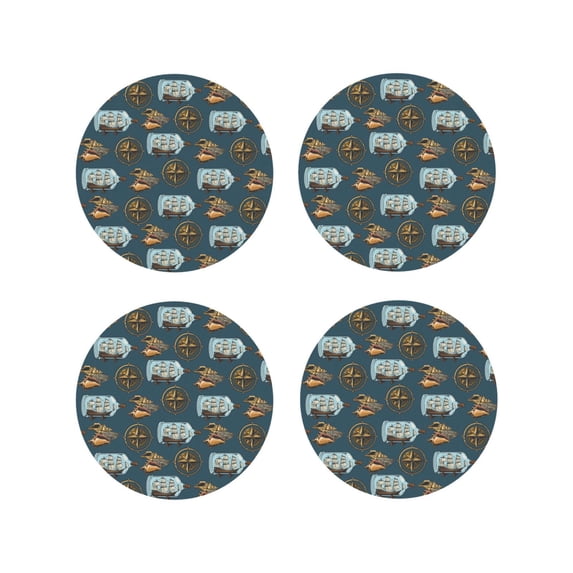 Honeii Miniature Ship In Bottle print Leather Coaster Set of 4, ideal for safeguarding your furniture from drinks spills and effortless cleanup-Round Shape