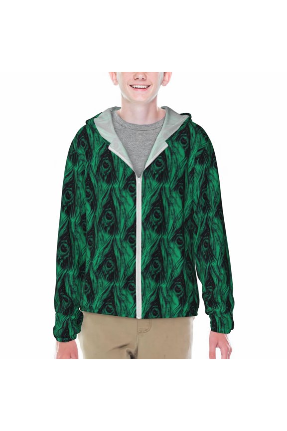 Mint Bird Feathers Print Sun Protection Jacket Hooded Cooling Shirt with Pockets Hiking Outdoor Performance-X-Large