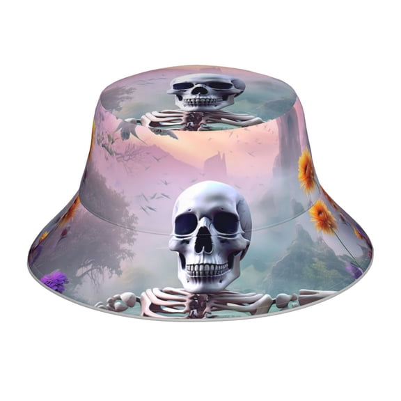 Honeii Mist Sunflower Skull for Unisex Bucket Hat Waterproof Rain Hat Reversible Shiny Rave Bucket Hat for Concert Festival Boonie Cap
