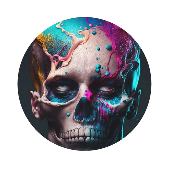Honeii Modern Abstract Colorful Skull B Print Leather Coaster Set of 6, Ideal for Safeguarding Your Furniture from Drinks Spills and Effortless Cleanup,Round Shape