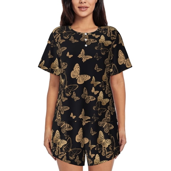 Honeii Modern Golden Butterfly for Women's Summer Pajama Set featuring Soft Short Sleeve Shirt & Matching Bottoms with Convenient Pockets for Relaxed Home Wear-Large