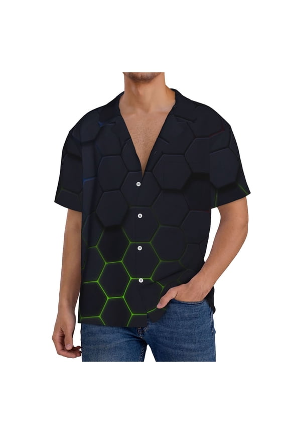 Modern Hexagonal Neon Grid for Men's Short-Sleeved Button-Up Collared Shirt Featuring A Pocket, Perfect for Beach Vacations, And Travel Adventures.-Small