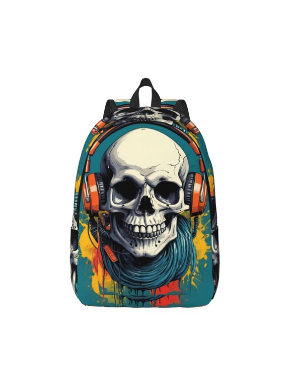 Modern Hip-Hop Skull Print Canvas College Laptop Backpack, Durable Rucksack Travel Notebook Bag School Backpack Book Bag for Men Women-Small