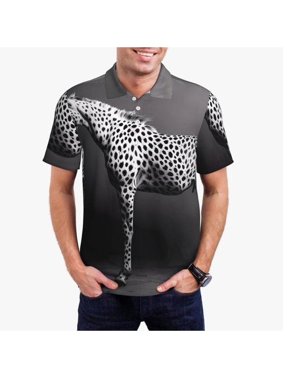 Monochrome Leopard Horse Print Polo Shirt, A Classic Short-Sleeved, Button-Down Golf Shirt for Men,Mens Polo Shirts Short Sleeve-