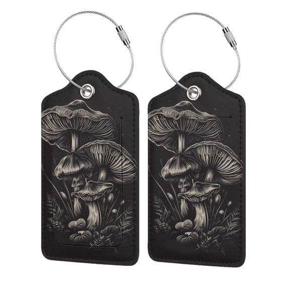 Honeii Monochrome Mushroom Artwork Print Leather Luggage Tag for Suitcases,ID Tags,Bag Tags for Luggage,Functional Travel Tag-4 PCS