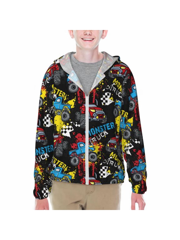 Monster Car Print Sun Protection Jacket Hooded Cooling Shirt with Pockets Hiking Outdoor Performance-Small