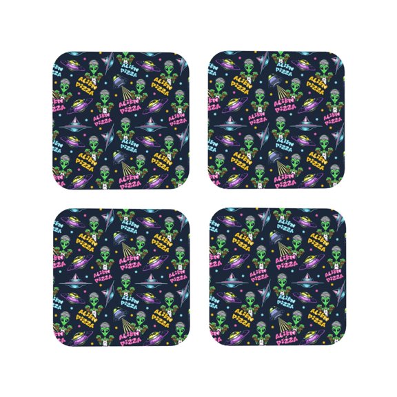 Honeii Monster Pizza Print Leather Coaster Set of 4, Ideal for Safeguarding Your Furniture from Drinks Spills and Effortless cleanup-Square