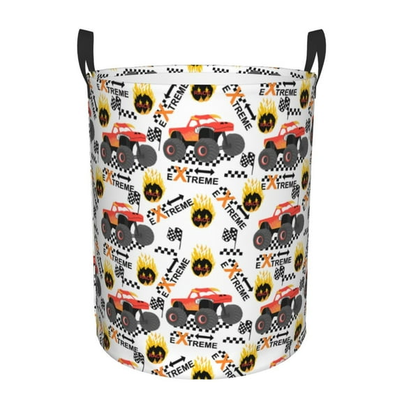 Honeii Monster truck Print Laundry Hamper Basket,Baby Nursery Woven Storage Basket for Toys Bin,Pillows,Blankets,Clothes-