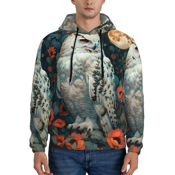Honeii Moon Flower White Owl Pattern Mens Hoodies Men's Loose Sleeve Sweatshirt,Pullover Hooded Sweatshirt for Men,Essentials Hoodie-Small