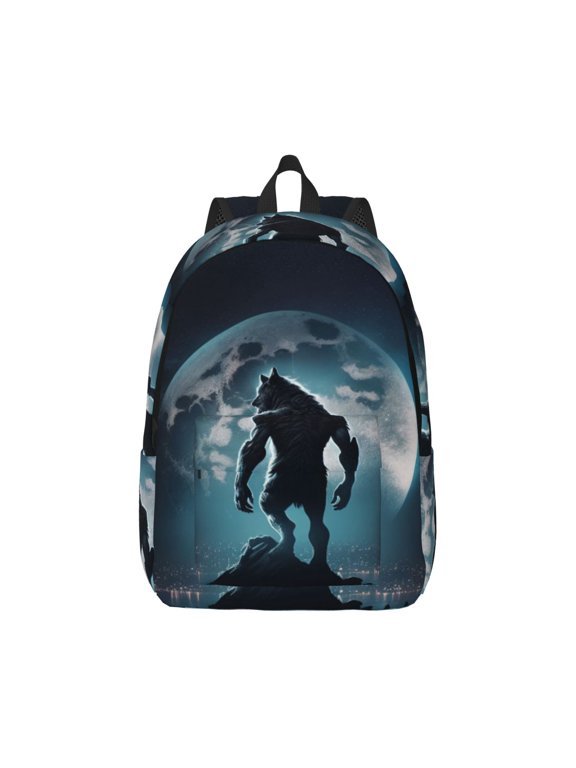 Moon Wolf Warrior Print Canvas College Laptop Backpack, Durable Rucksack Travel Notebook Bag School Backpack Book Bag for Men Women-Medium