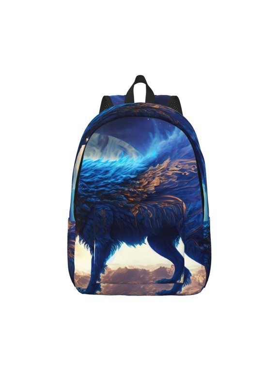 Moonlit Blue Wolf Print Canvas College Laptop Backpack, Durable Rucksack Travel Notebook Bag School Backpack Book Bag for Men Women-Small