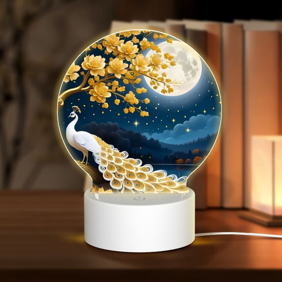 Honeii Moonlit Golden Tree Peacock Print Acrylic LED Night Lamp,Round Touch-Control Night Light with 3 Lighting Modes,for Bedrooms, Living Rooms, and Gifting