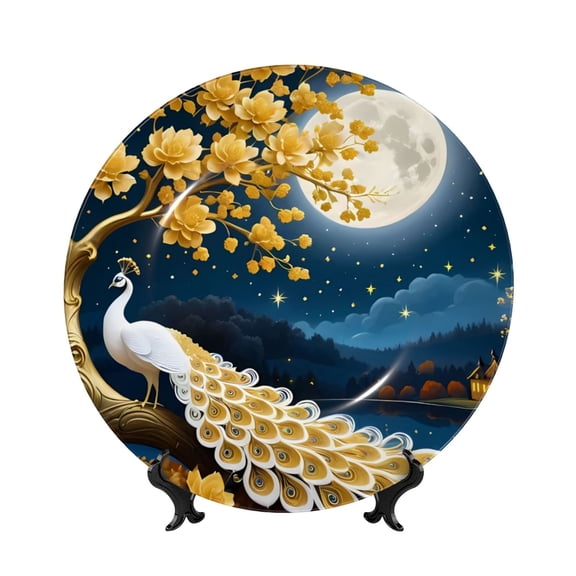 Honeii Moonlit Golden Tree Peacock Print Elegant Bone China Decorative Plate, Porcelain Plate,Art Crafts,Ceramic Ornaments for Home Office Wall Decor-10in