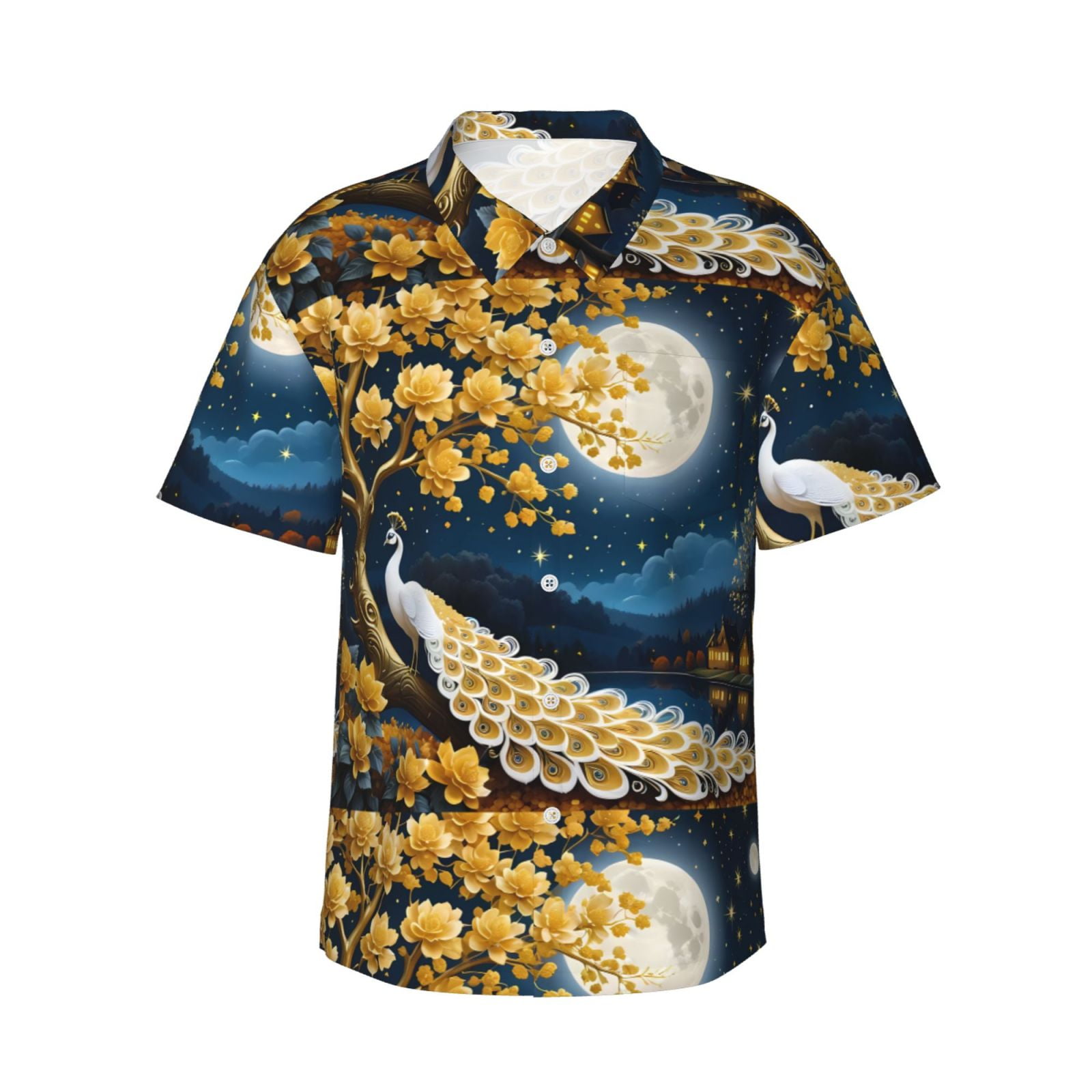 Visesunny Men's Hawaiian Print Button Down Short Sleeve Shirt - Quick Dry, Beach Vacation Shirt (Large)