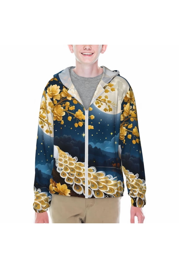 Moonlit Golden Tree Peacock Print Sun Protection Jacket Hooded Cooling Shirt with Pockets Hiking Outdoor Performance-Large