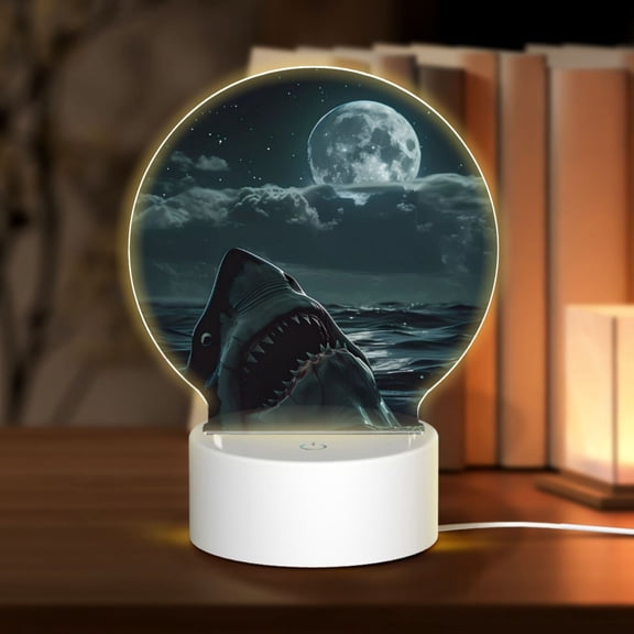 Honeii Moonlit Night Sky Shark Print Acrylic LED Night Lamp,Round Touch-Control Night Light with 3 Lighting Modes,for Bedrooms, Living Rooms, and Gifting