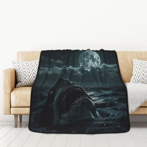 Honeii Moonlit Night Sky Shark for Throw Blanket for Couch - Thick Blanket, Soft Fuzzy Plush Throw Blanket for All Seasons, Double Sided Blanket,50x60 In