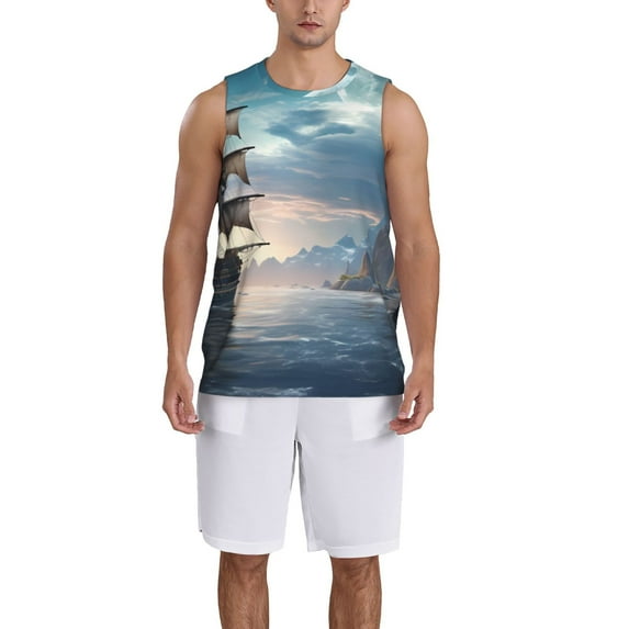 Honeii Moonlit Sea Sailboat print basktball shirt for men and women, Unisex basketball jersey for Theme party-Small