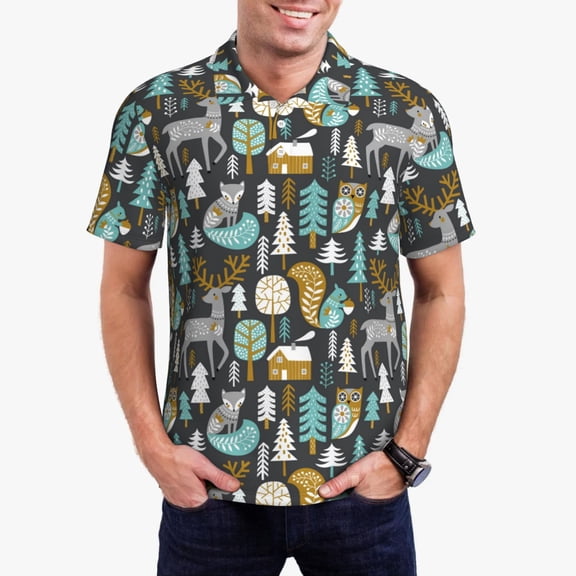 Honeii Moose Squirrel owls tree Print Polo Shirt, A Classic Short-Sleeved, Button-Down Golf Shirt for Men,Mens Polo Shirts Short Sleeve-Large