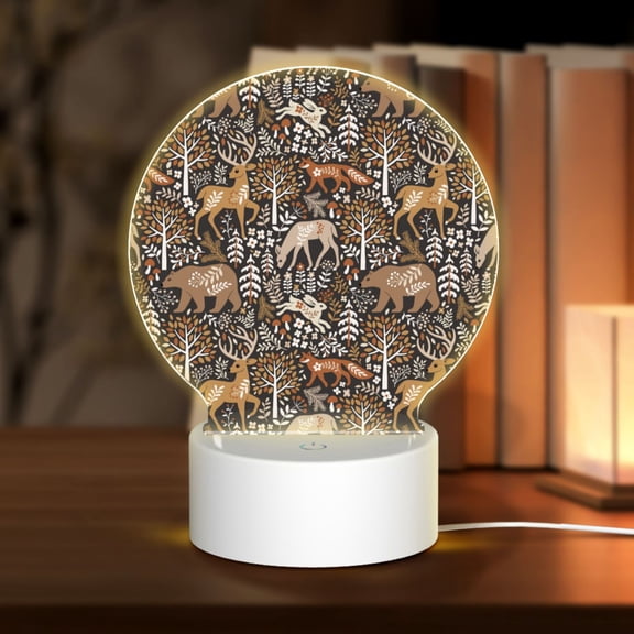 Honeii Moose fox bear leaf tree Print Acrylic LED Night Lamp,Round Touch-Control Night Light with 3 Lighting Modes,for Bedrooms, Living Rooms, and Gifting