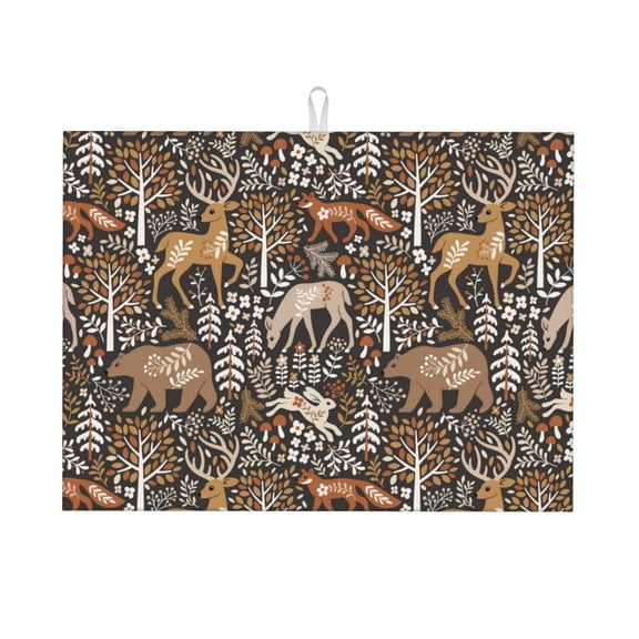 Honeii Moose fox bear leaf tree Print Kitchen Drying Mat Coffee Bar Mat Hide Stain Coffee Maker Mat for Countertops Coffee Pot Dish Drying Mat