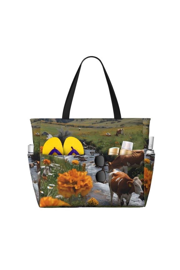 Mountain Cows Flower Stream for Tote Bag with Adjustable Strap,Beach Bag, Waterproof Sandproof Beach Tote Bag, Large Capacity Foldable Beach Bags
