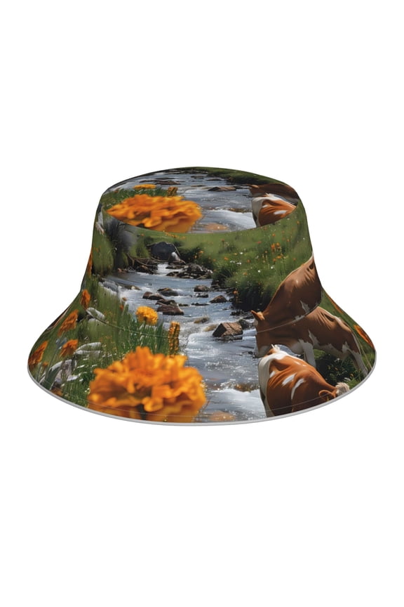 Mountain Cows Flower Stream for Unisex Bucket Hat Waterproof Rain Hat Reversible Shiny Rave Bucket Hat for Concert Festival Boonie Cap