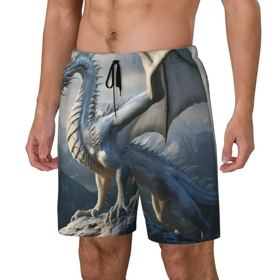 Honeii Mountain White Dragon Print Men's Swim Shorts,Mens Swim Trunks,Breathable Mesh Beach Shorts for Swimming,Surfing, and Beach Activities-Small