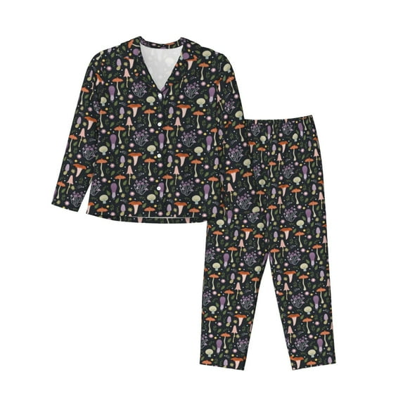 Honeii Mushroom print Women's Pajama Sets Long Sleeve Button Down Sleepwear Nightwear Soft Pjs Lounge Sets-Small