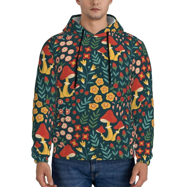 Honeii Mushrooms And Flowers Pattern Mens Hoodies Men s Loose Sleeve Sweatshirt Pullover Hooded Sweatshirt for Men Essentials Hoodie Medium