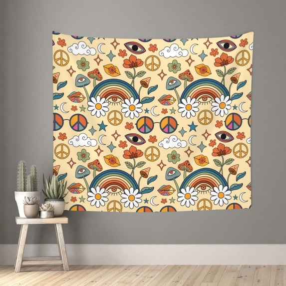 Honeii Mushrooms And Rainbows Peace print Tapestry for Bedroom, Tapestry Wall Tapestry Aesthetic, Room Decor Classroom Tapestries for Living Room Dorm Room 51" X 60"