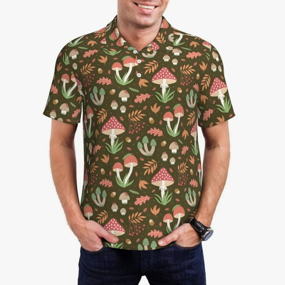 Honeii Mushrooms and Autumn print Polo Shirt, a classic short-sleeved, button-down golf shirt designed for menX-Large